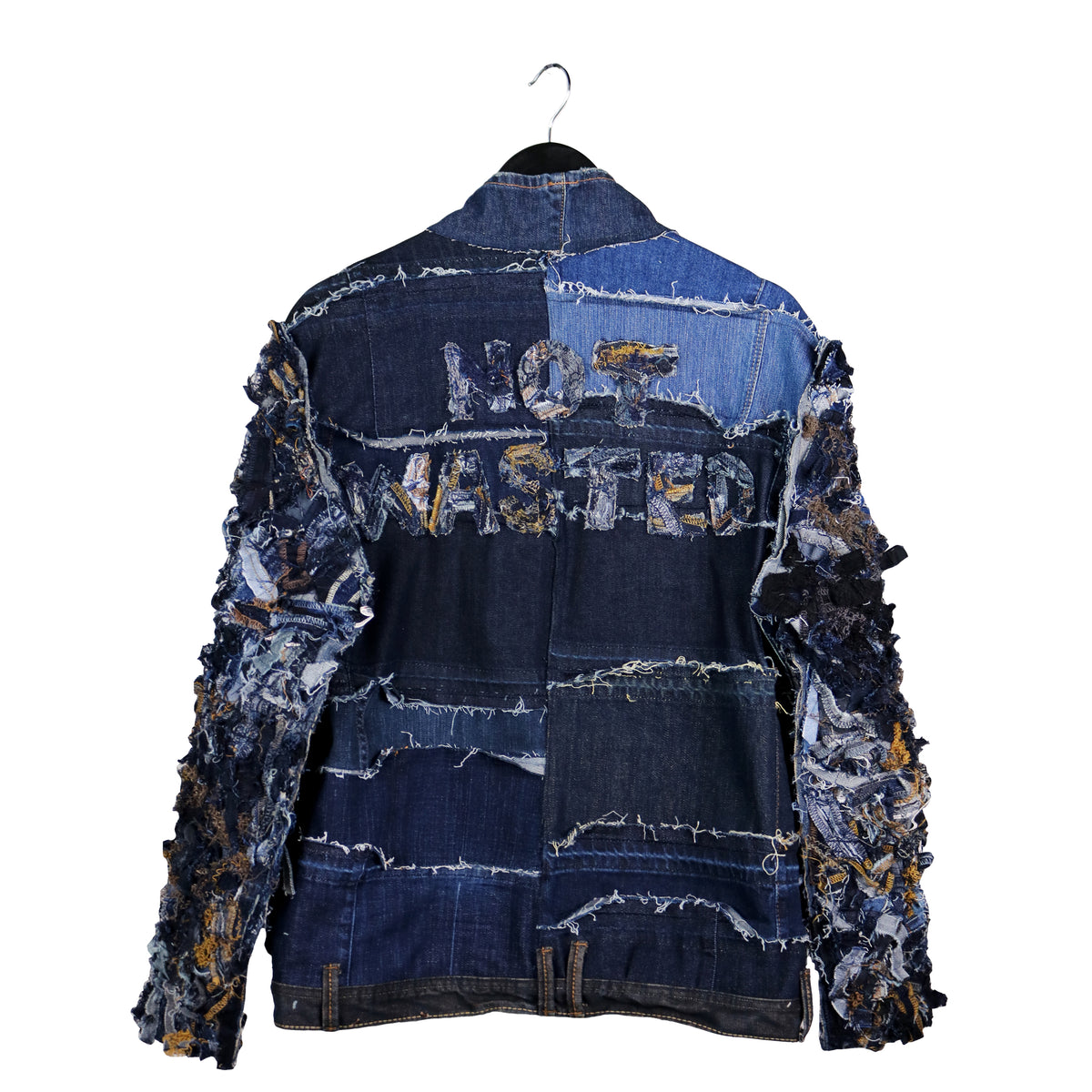 Garbage Bin - Upcycled denim bomber jacket with zero waste sleeves