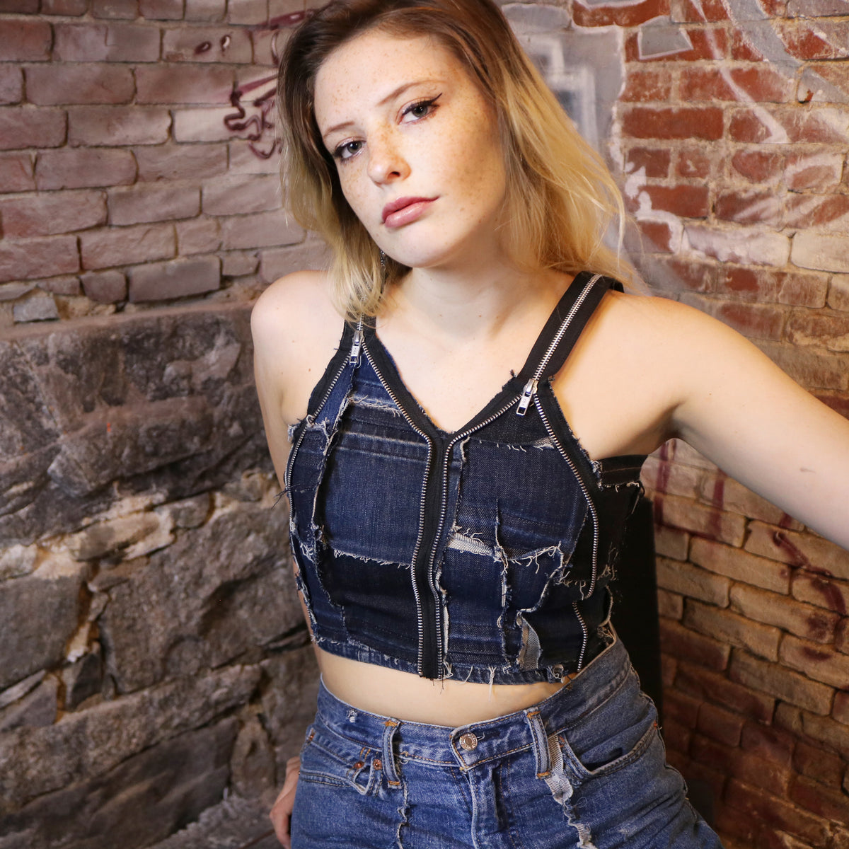 One of a Kind Patchwork Denim on Denim Halter Top