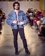 Model wearing Upcycled denim faux fur jacket made by designer Stevie Leigh