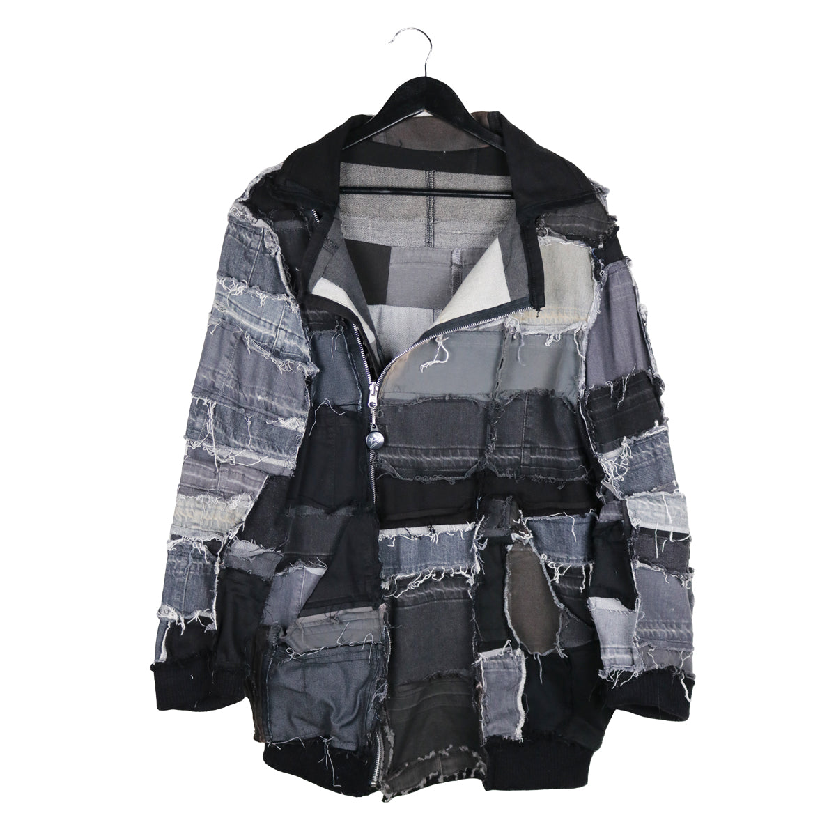 gray upcycled denim jacket by fashion designer stevie leigh