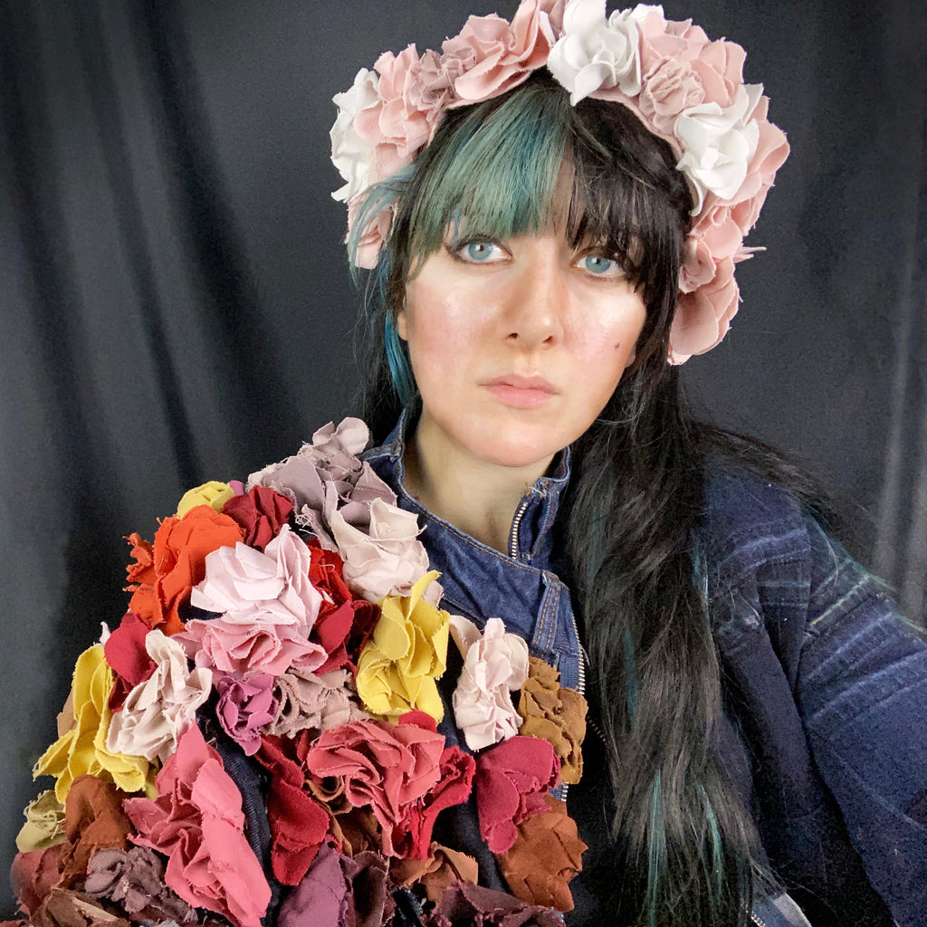 pink and white upcycled denim flower crown by stevie leigh