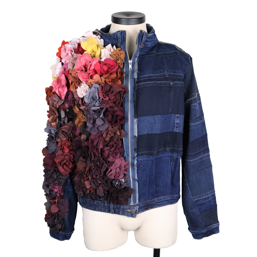 Watch Me While I Bloom - Upcycled denim jacket with 3D denim flowers