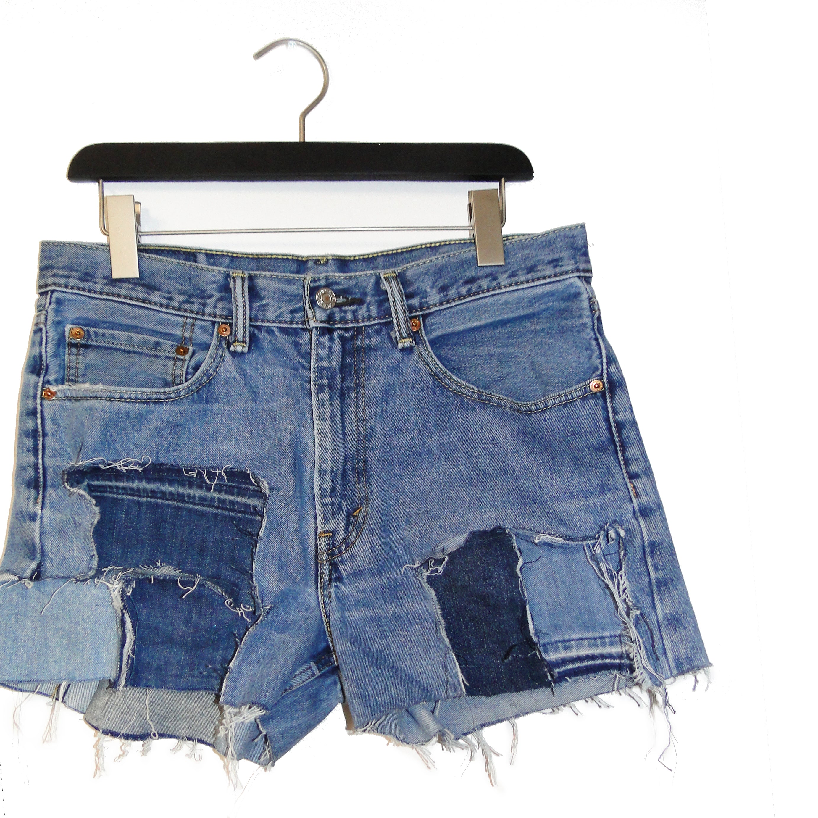#REMIXbyStevieLeigh reversible upcycled denim patchwork shorts