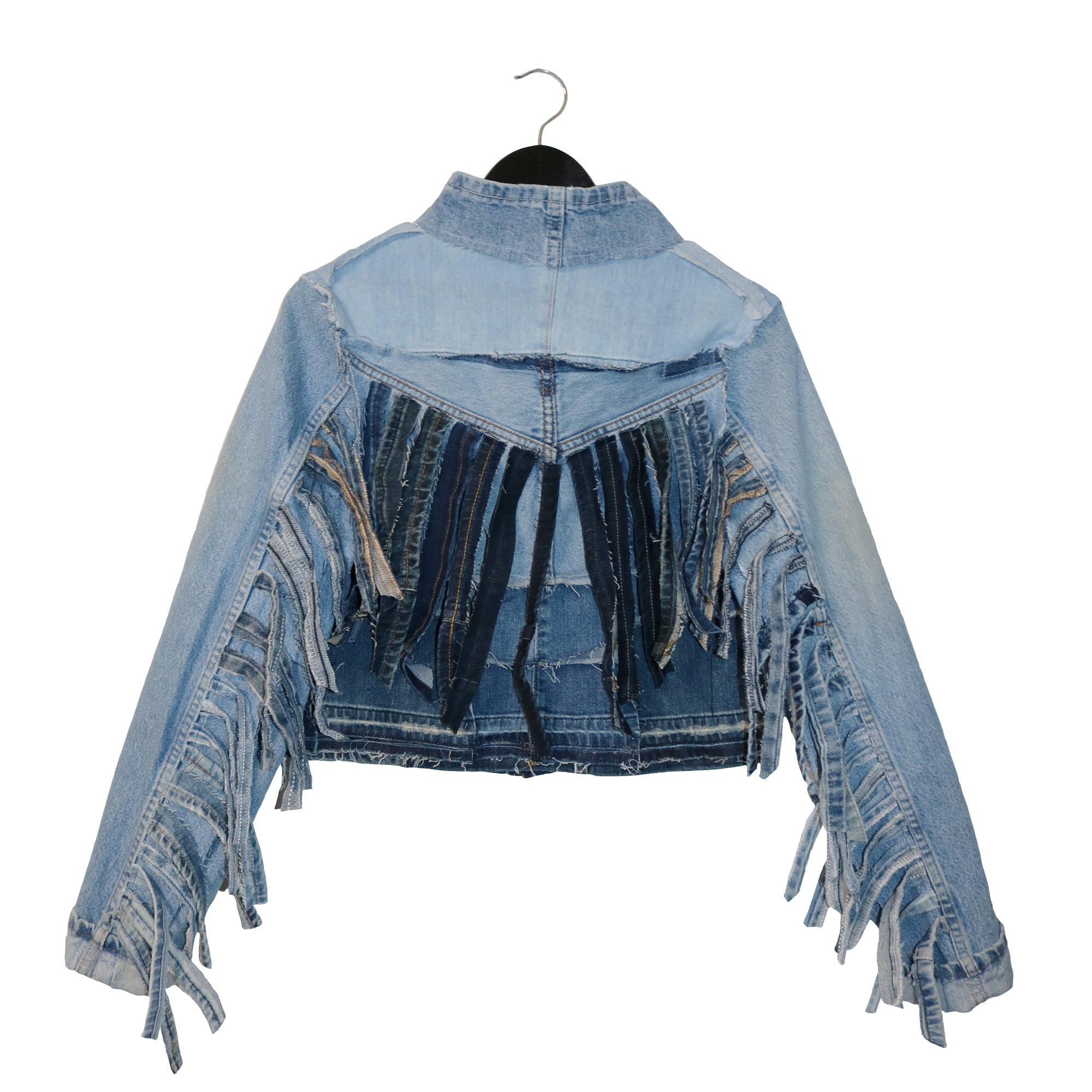 #REMIXbyStevieLeigh eco friendly light blue denim jacket with fringe