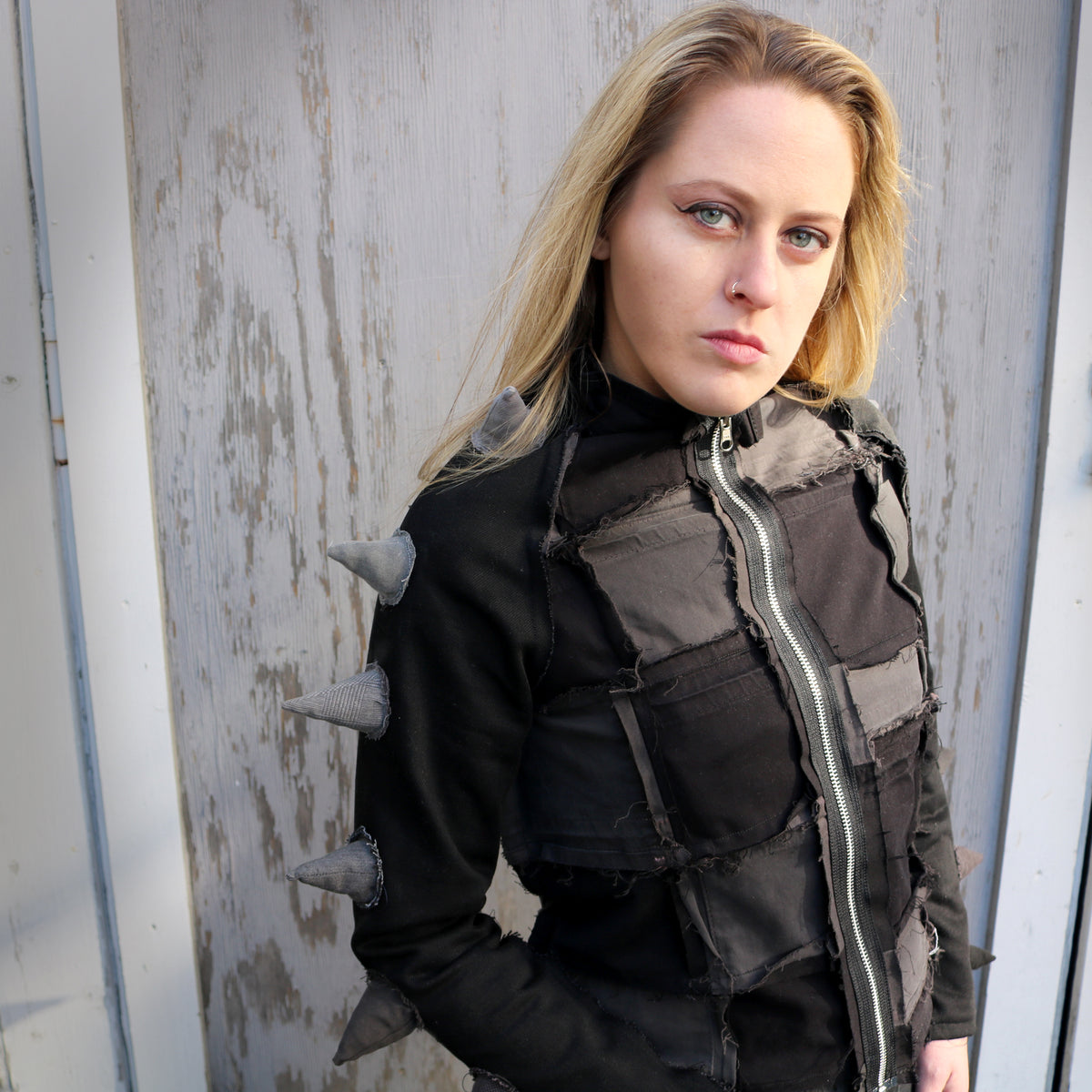 A Box Full Of Sharp Objects Upcycled Denim Jacket with Soft Spikes