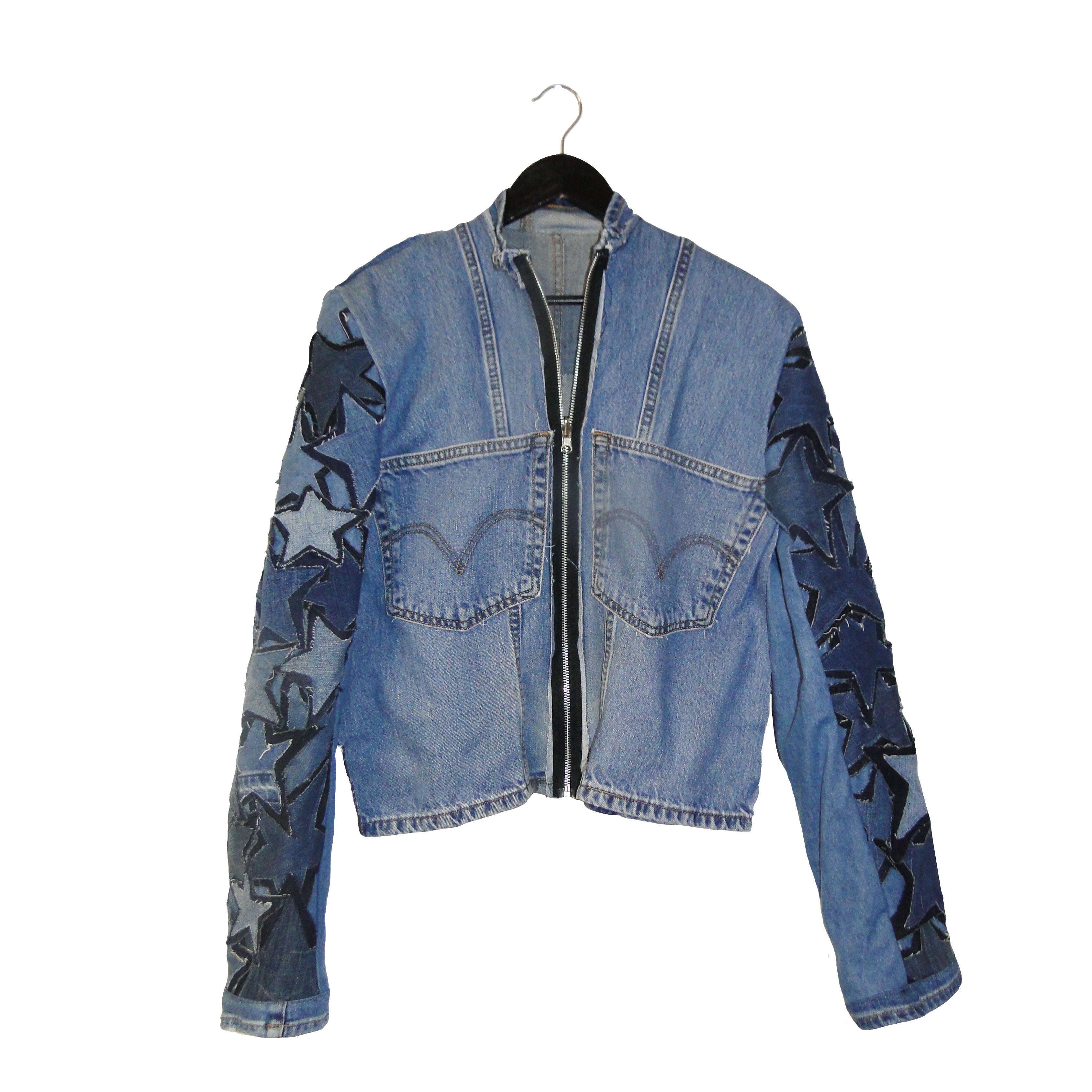 upcycled denim jacket with star patch sleeves