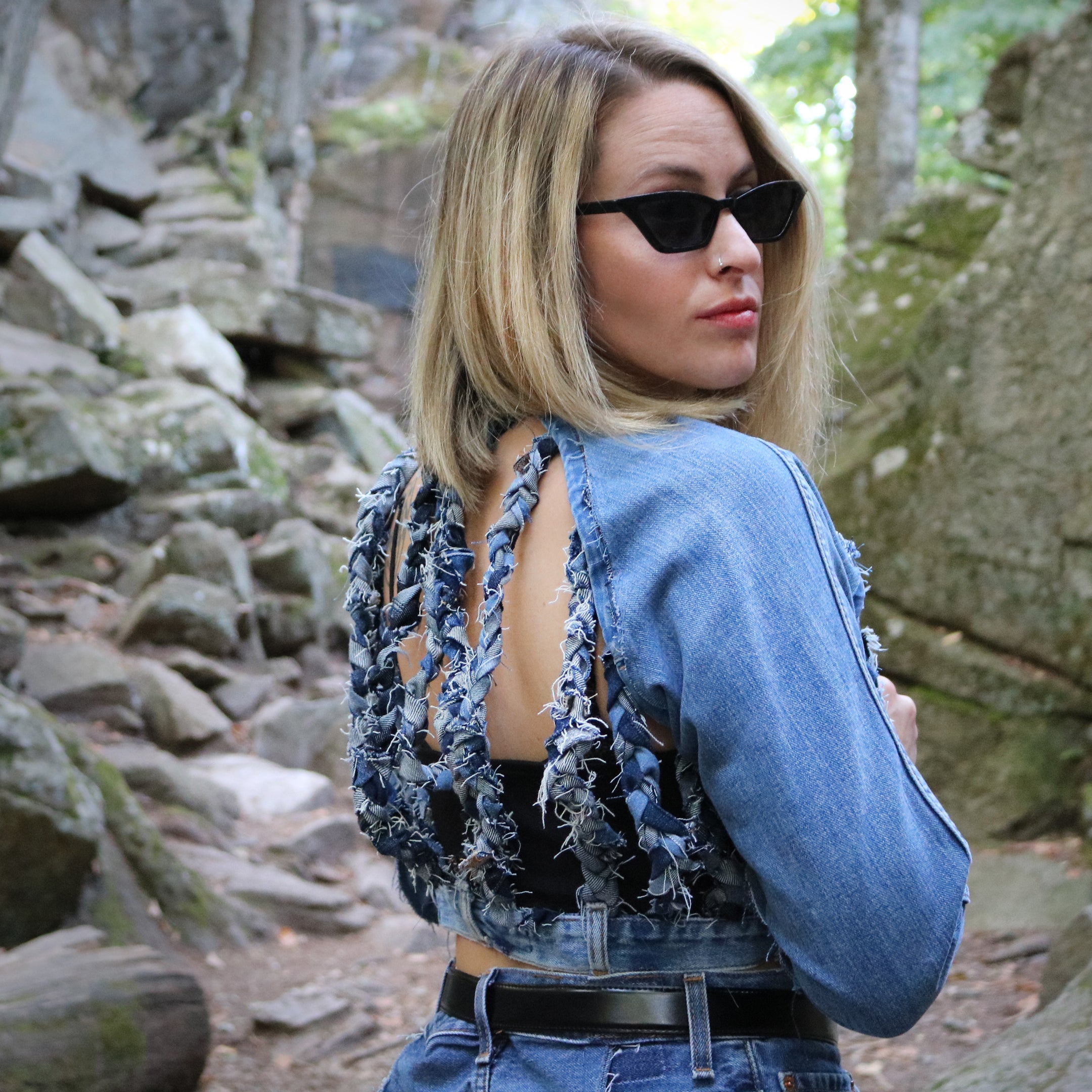 #REMIXbyStevieLeigh genderless upcycled denim jacket with braids