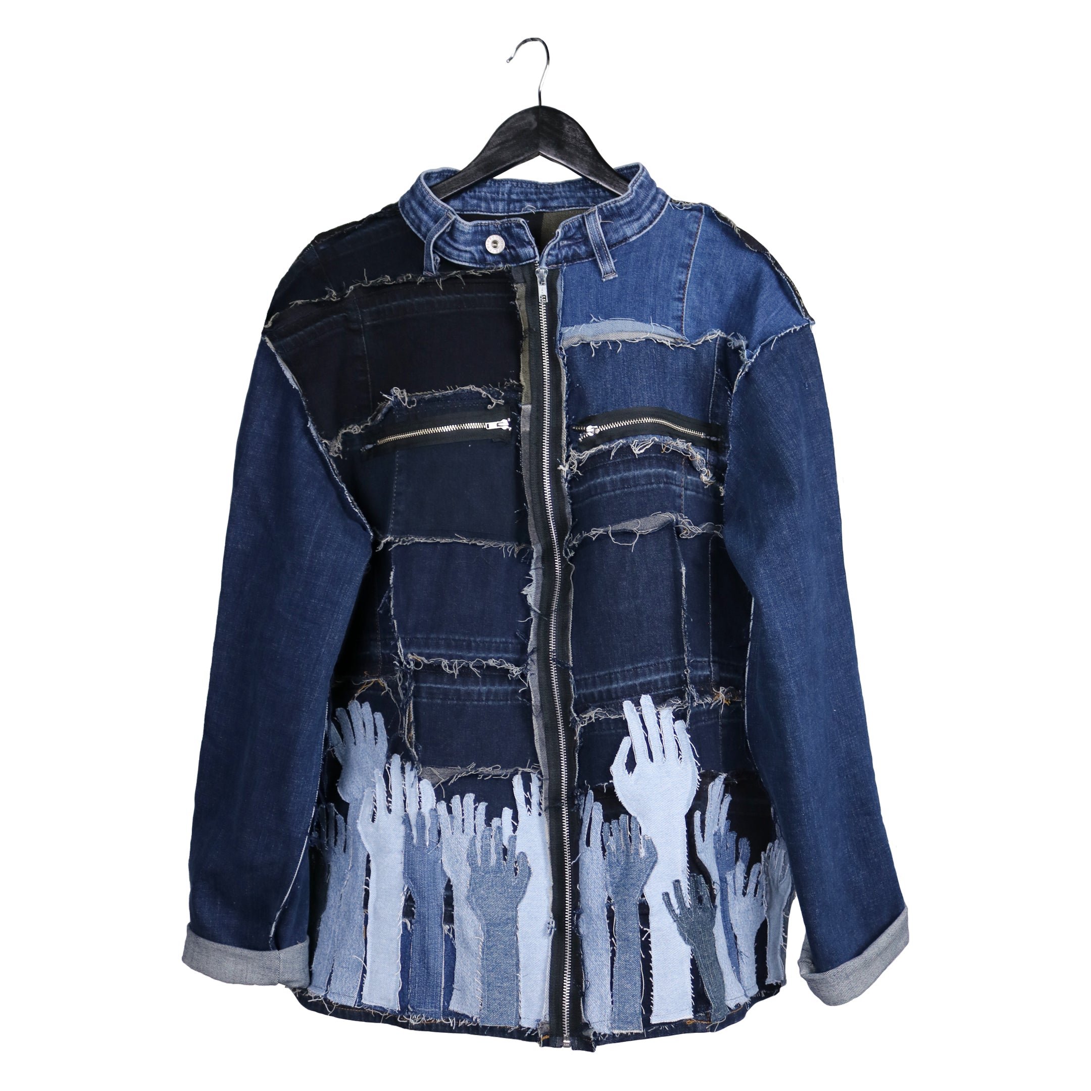 remix by stevie leigh upcycled denim jacket with hands