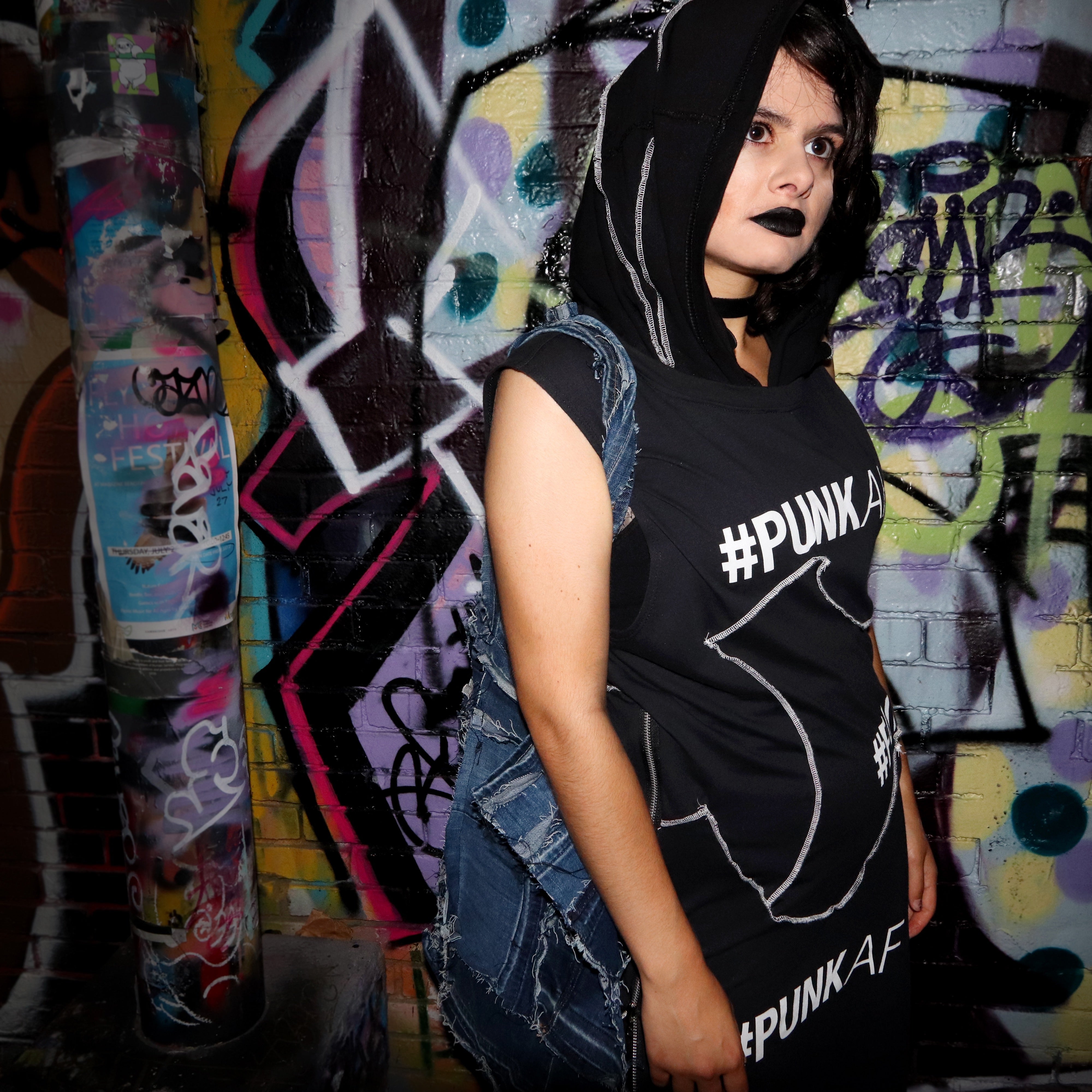 upcycled, #punkAF tunic with hood. Genderless style fashion.