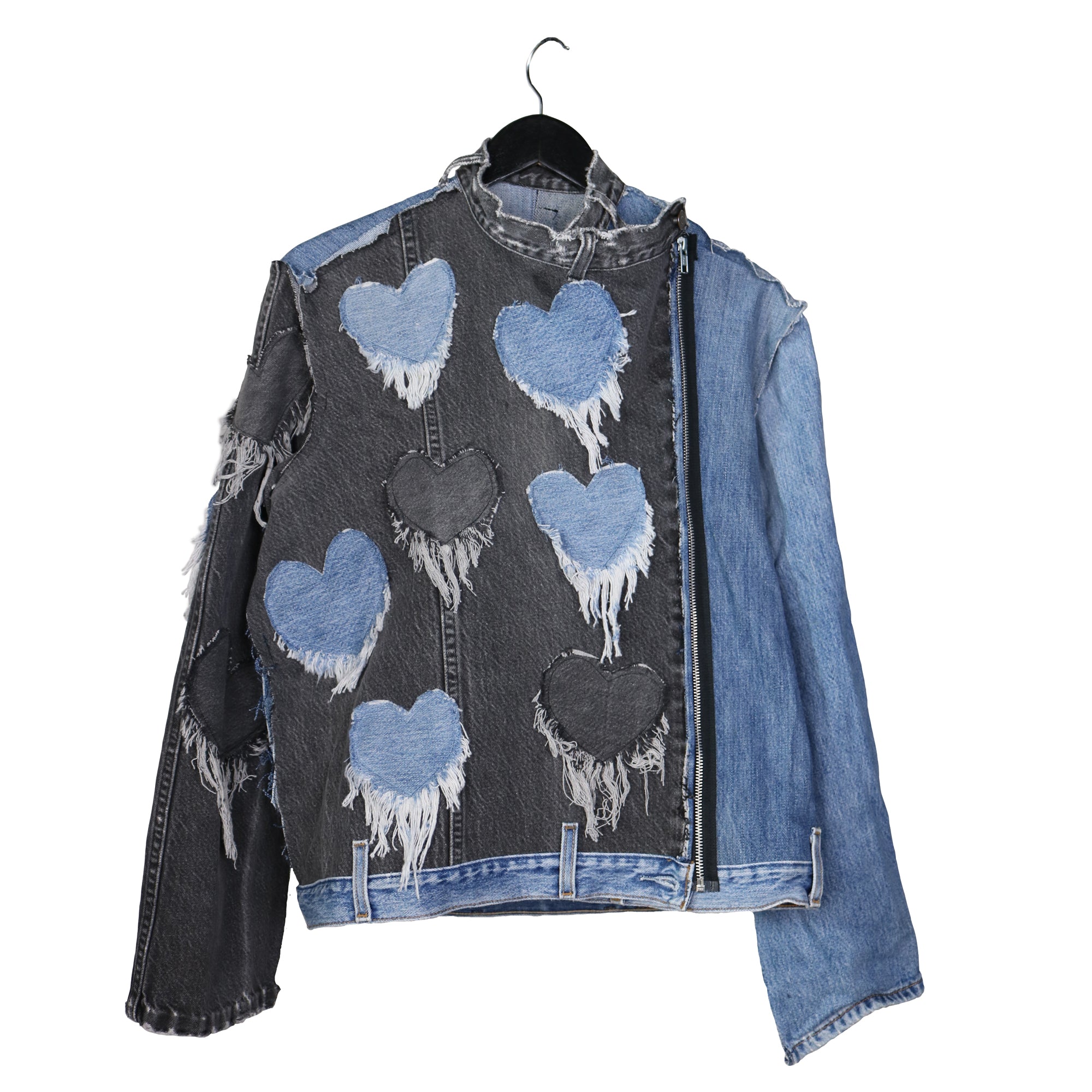 denim moto jacket with heart patches