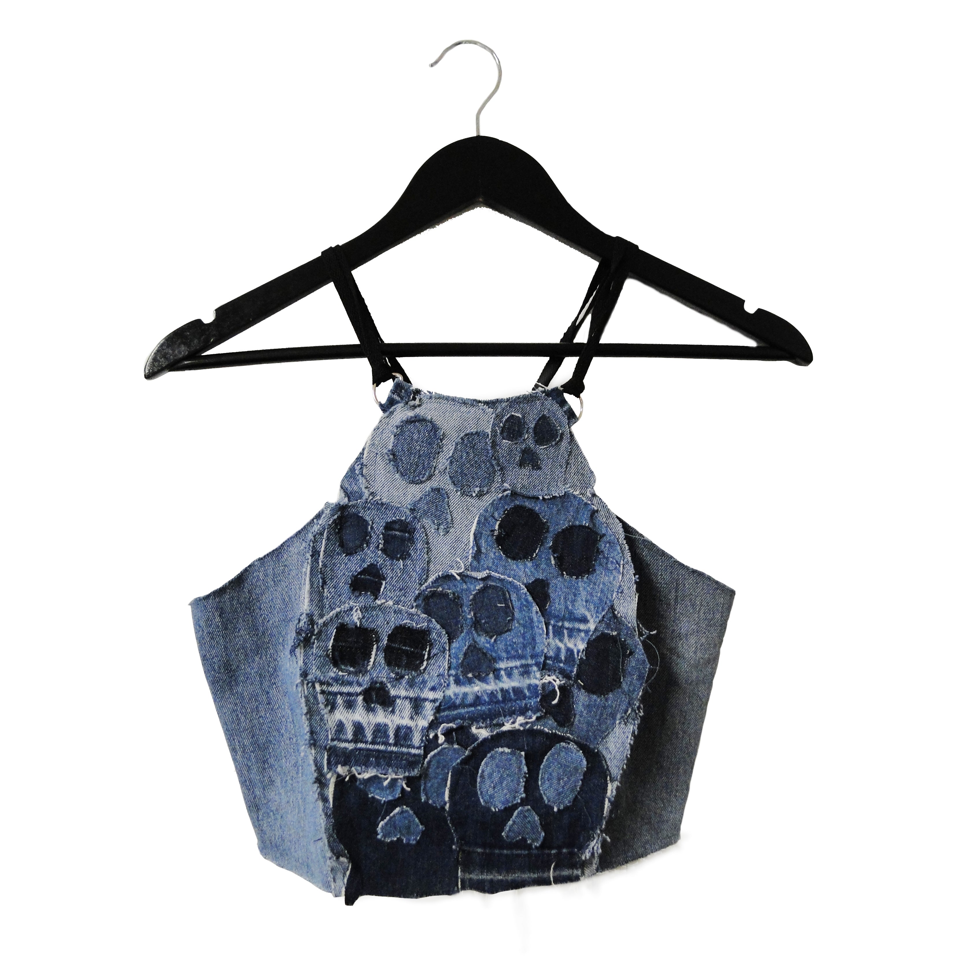 upcycled denim skull halter top